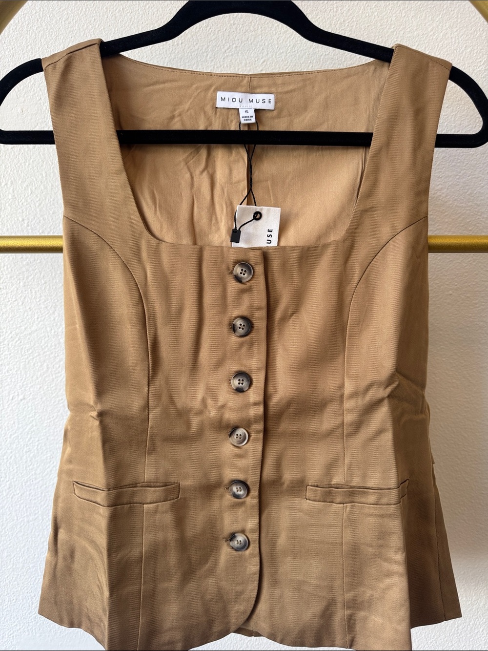 Miou Muse 100% tencel Tan Button-Front Sleeveless Top